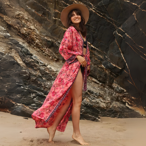 WILD ROSE Long boho print beach kimono with waist tie