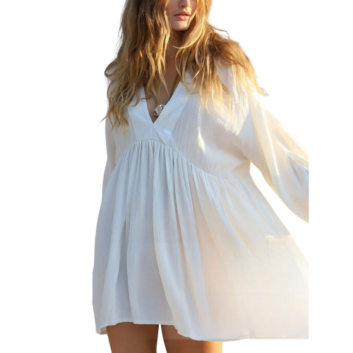 SALT WHISPER Λευκό φόρεμα θαλάσσης με πτυχώσεις και φουσκωτά μανίκια