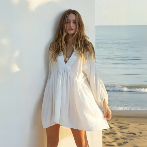 SALT WHISPER Λευκό φόρεμα θαλάσσης με πτυχώσεις και φουσκωτά μανίκια