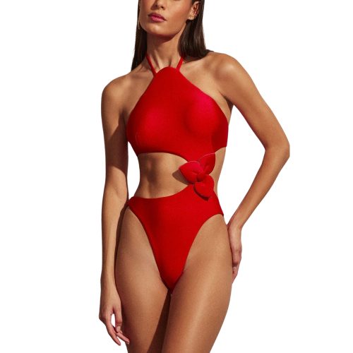 RED DESIREE Κόκκινο ολόσωμο μαγιό με λεπτομέρεια λουλουδιού, ψηλό κόψιμο και ασορτί παρεό