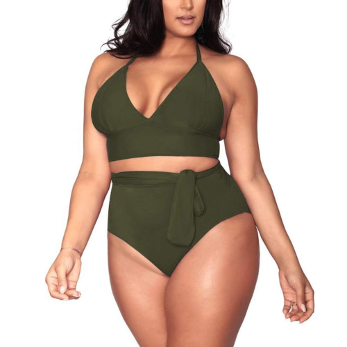 OLIVE POWER Plus size μπικίνι σε χακί και μαύρη απόχρωση με βαθύ V και ψηλόμεσο κάτω μέρος με ζώνη