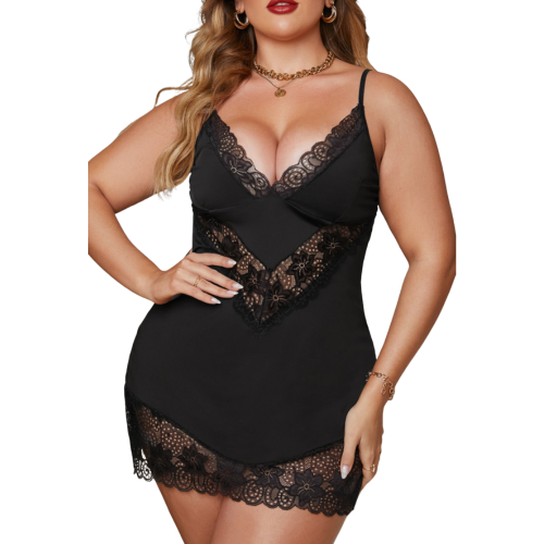 AMARIS Plus Size Εφαρμοστό νυχτικό με διαφάνειες, δαντέλα και βαθύ μπούστο
