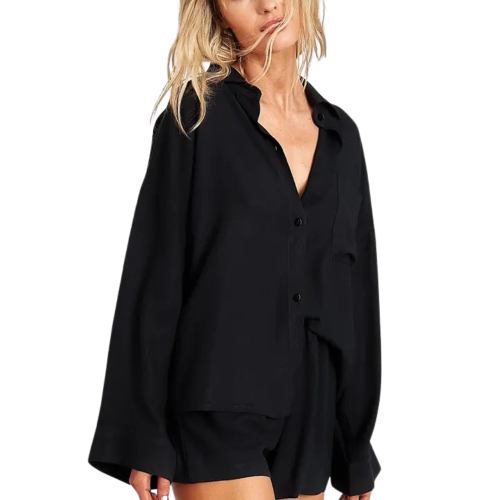 FALLON Λινές βαμβακερές πιτζάμες με φαρδιά μακρυμάνικη πουκαμίσα & σορτσάκι με τσέπες