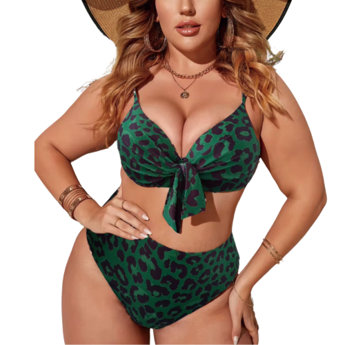 JUNGLE GLAM Plus Size Μπικίνι με πράσινο leopard με φιόγκο και ενίσχυση