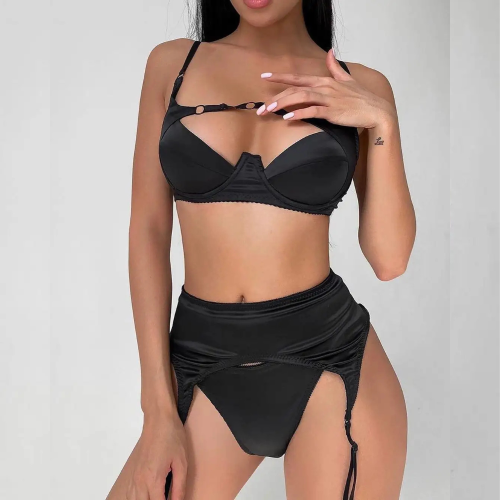 NEFELI Μαύρο σετ εσωρούχων με μπανέλα, ψηλόμεσο εσώρουχο και ζαρτιέρα