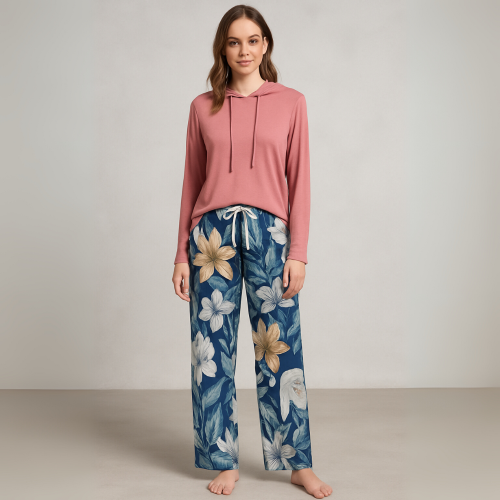 LILIA Σετ Πιτζάμας φαρδιάς γραμμής με Κουκούλα & Λουλουδάτο Παντελόνι