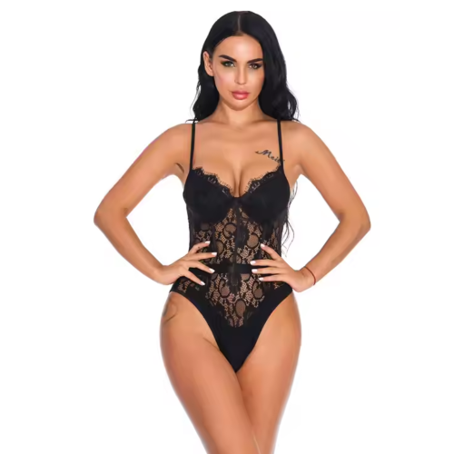 ANIKA Δαντελένιο κορμάκι με μεταξένιο μπούστο και βαθύ ντεκολτέ με ξέφτια δαντέλας στο σουτιέν