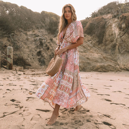 JOJOBA Μακρύ Φόρεμα Παραλίας με Μποέμ Λουλουδάτο Μοτίβο