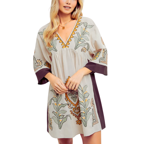 MAJA Κομψό Μπόχο φόρεμα με ντεκολτέ και έθνικ σχέδιο