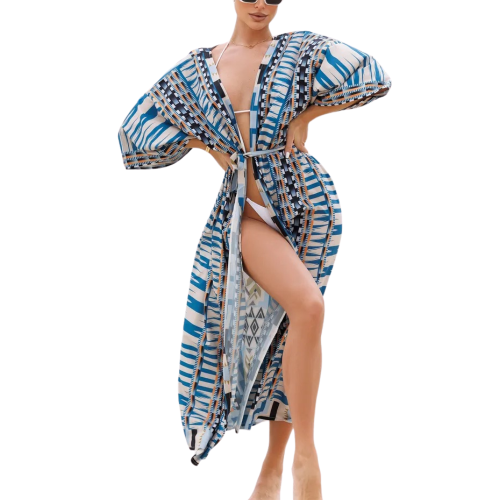 AZURE VIBES Μακρύ κιμονό παραλίας σε γραμμικό σχέδιο