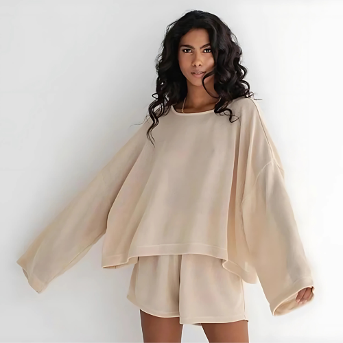 POLYAN Σετ Μακρυμάνικη Υπερμεγέθης Μπλούζα και Σορτς με πλεκτό ύφασμα