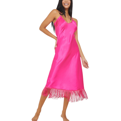 PEYTON Φούξια σατέν υφής μίντι ελαφρώς μεσάτο νυχτικό με κρόσσια στο τελείωμα και V ντεκολτέ