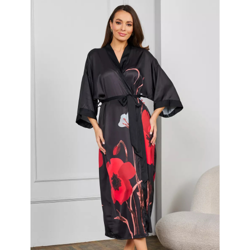 PATTY Μακριά φαρδιά κρουαζέ ρόμπα σκουρόχρωμη με 3/4 μανίκι με μεγάλο τύπωμα από κόκκινο λουλούδι και ζώνη