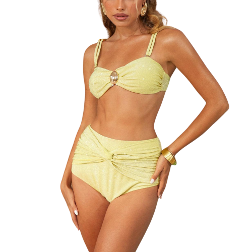 TULUM Μπικίνι με παντό τοπ με χρυσές λεπτομέρειες, ψηλόμεσο κάτω μέρος απο ύφασμα με γκλίτερ και ασορτί παρεό