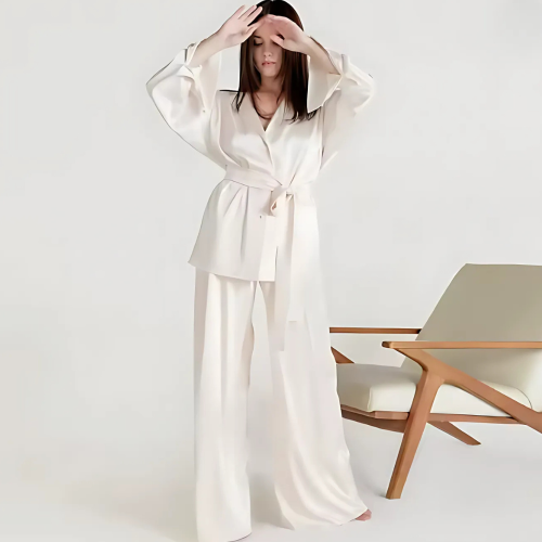 MEGAN Σατέν σετ πιτζάμας με παντελόνα και πουκαμίσα με ζώνη που δένει στη μέση