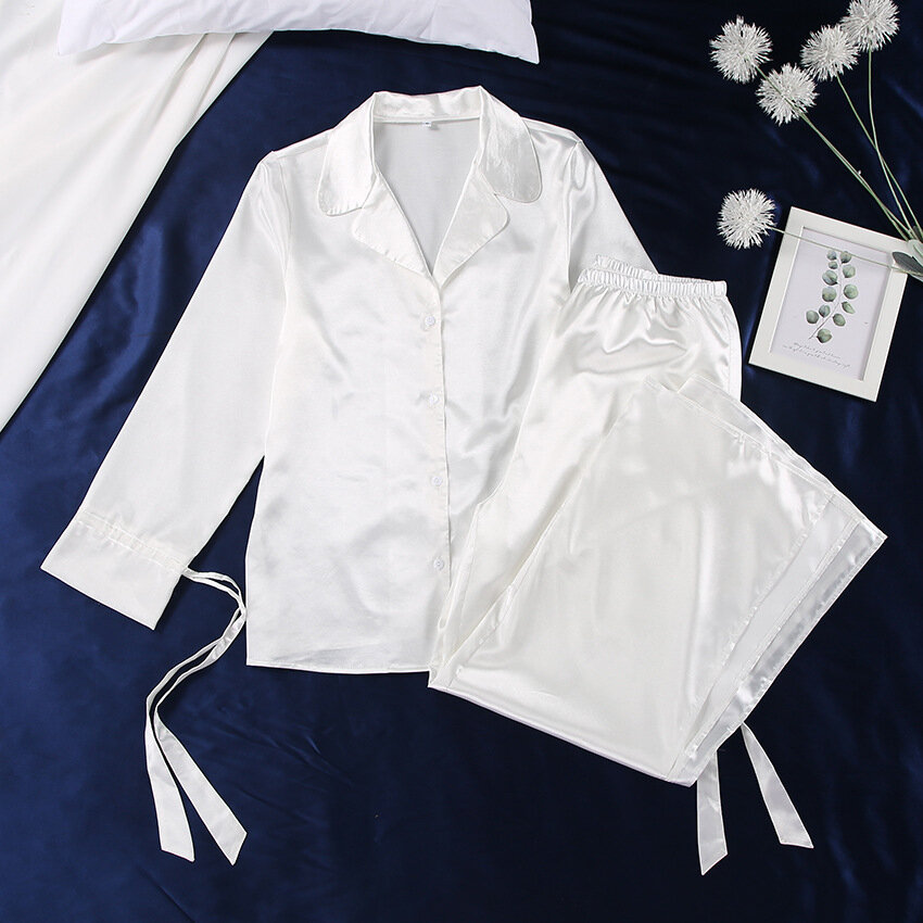 ROMINA Σατέν υφής σετ πιτζάμες με πουκαμίσα με δέσιμο στα μανίκια & παντελόνα με ανοίγματα στο πλάι