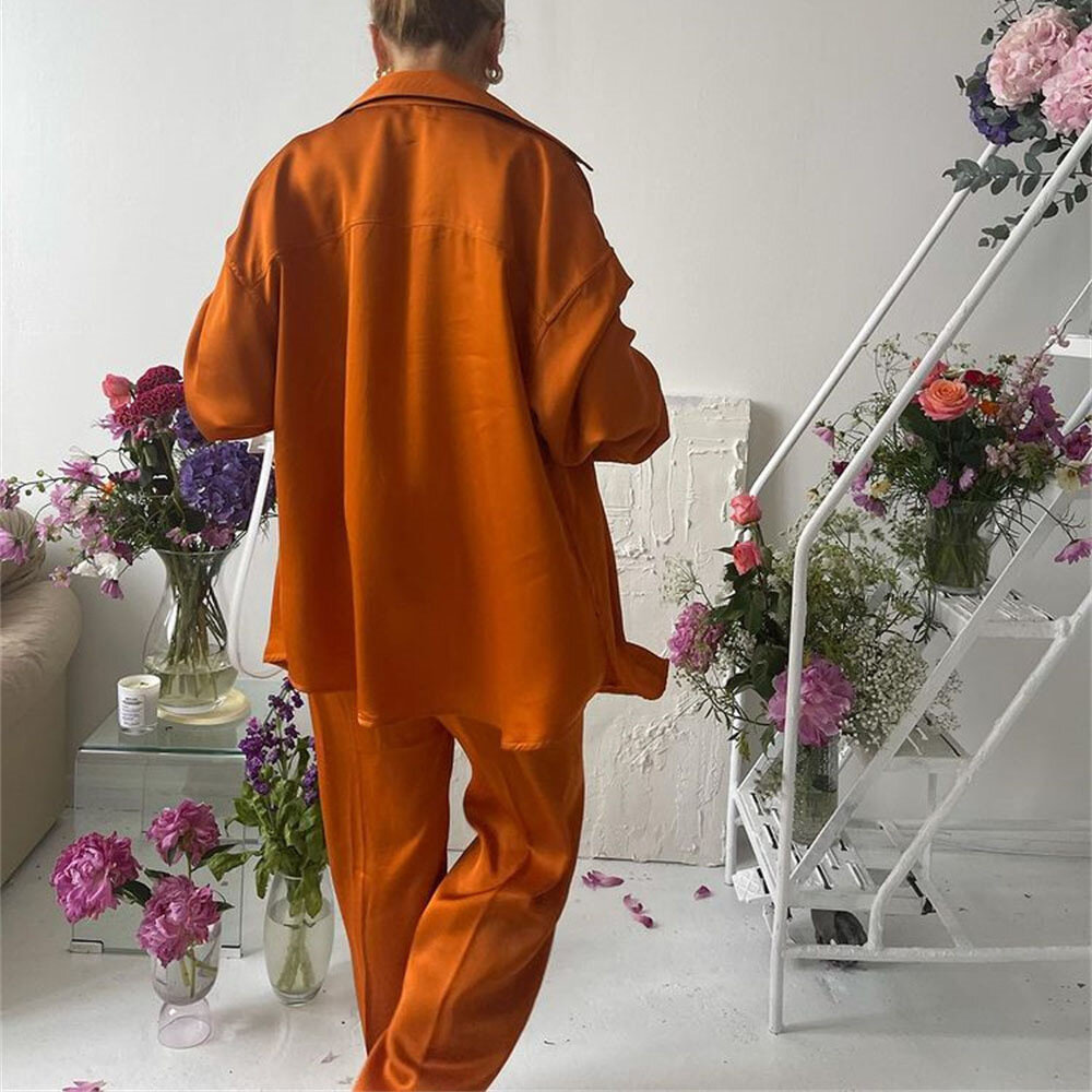 CORALINE Σατέν υφής loungewear σετ 3 τμχ με παντελόνα με δέσιμο στη μέση, μπραλέτ και πουκαμίσα