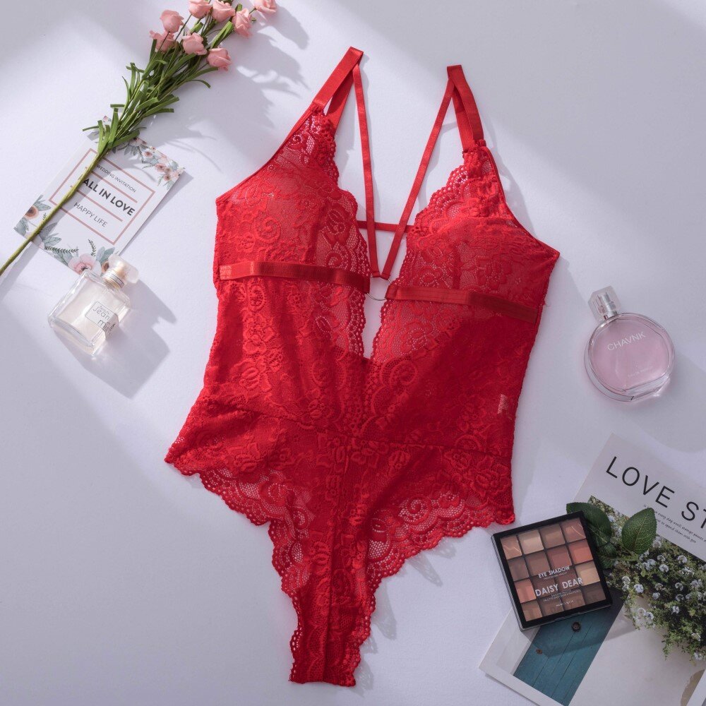 MARGIE Δαντελένιο see through κορμάκι με straps στο στήθος και βαθύ ντεκολτέ