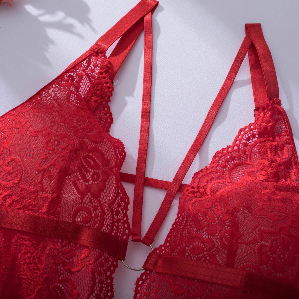 MARGIE Δαντελένιο see through κορμάκι με straps στο στήθος και βαθύ ντεκολτέ