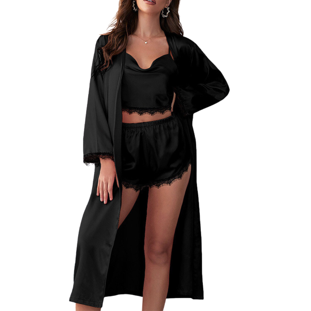 ELOISE Σετ πιτζάμας 3 τμχ με ντραπέ τοπ με λεπτομέρειες δαντέλας, σορτσάκι και ασορτί ρόμπα