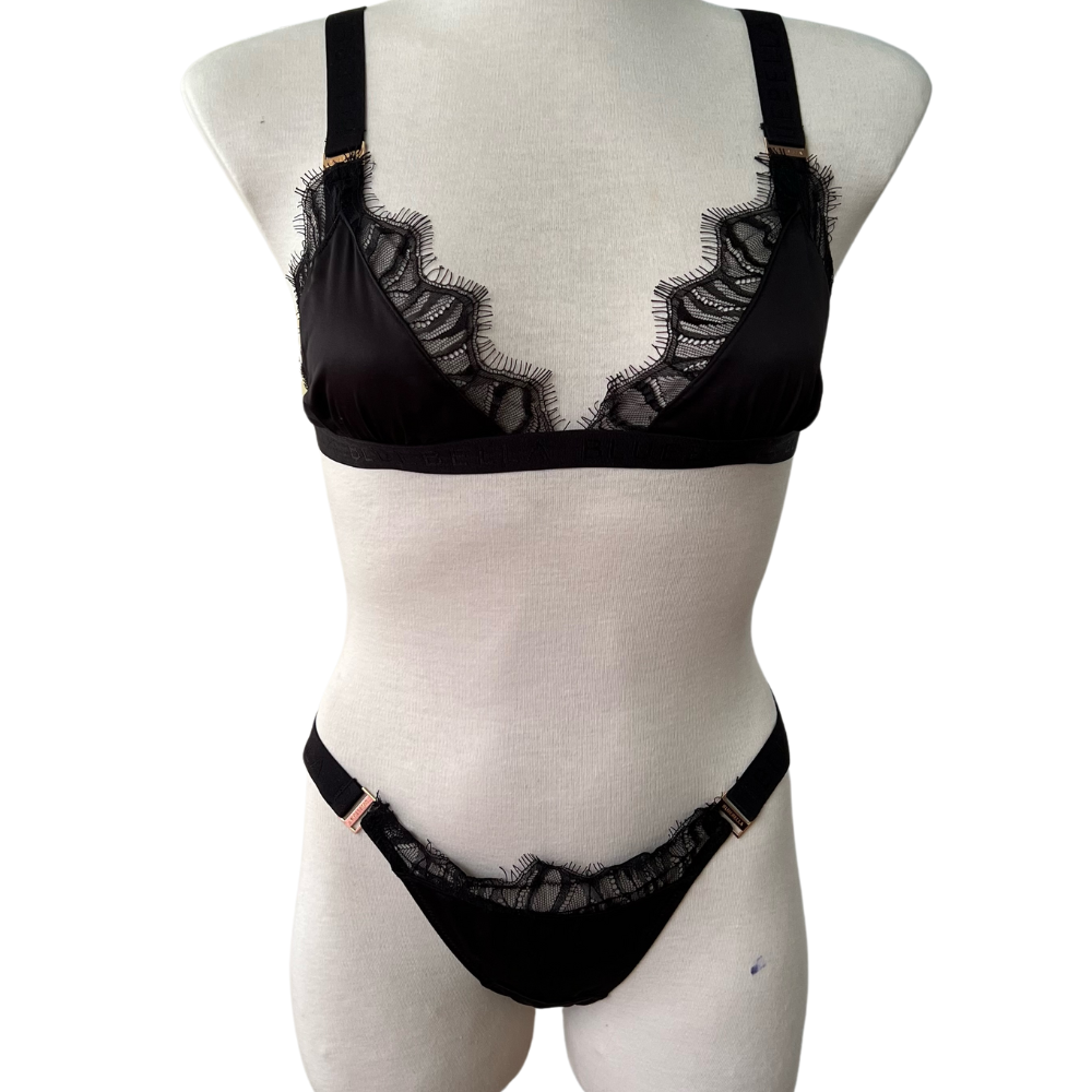 LAURITA Σετ εσωρούχων με τριγωνάκι με ξέφτια δαντέλας, παχιές τιράντες με μεταλλική λεπτομέρεια και στινγκ