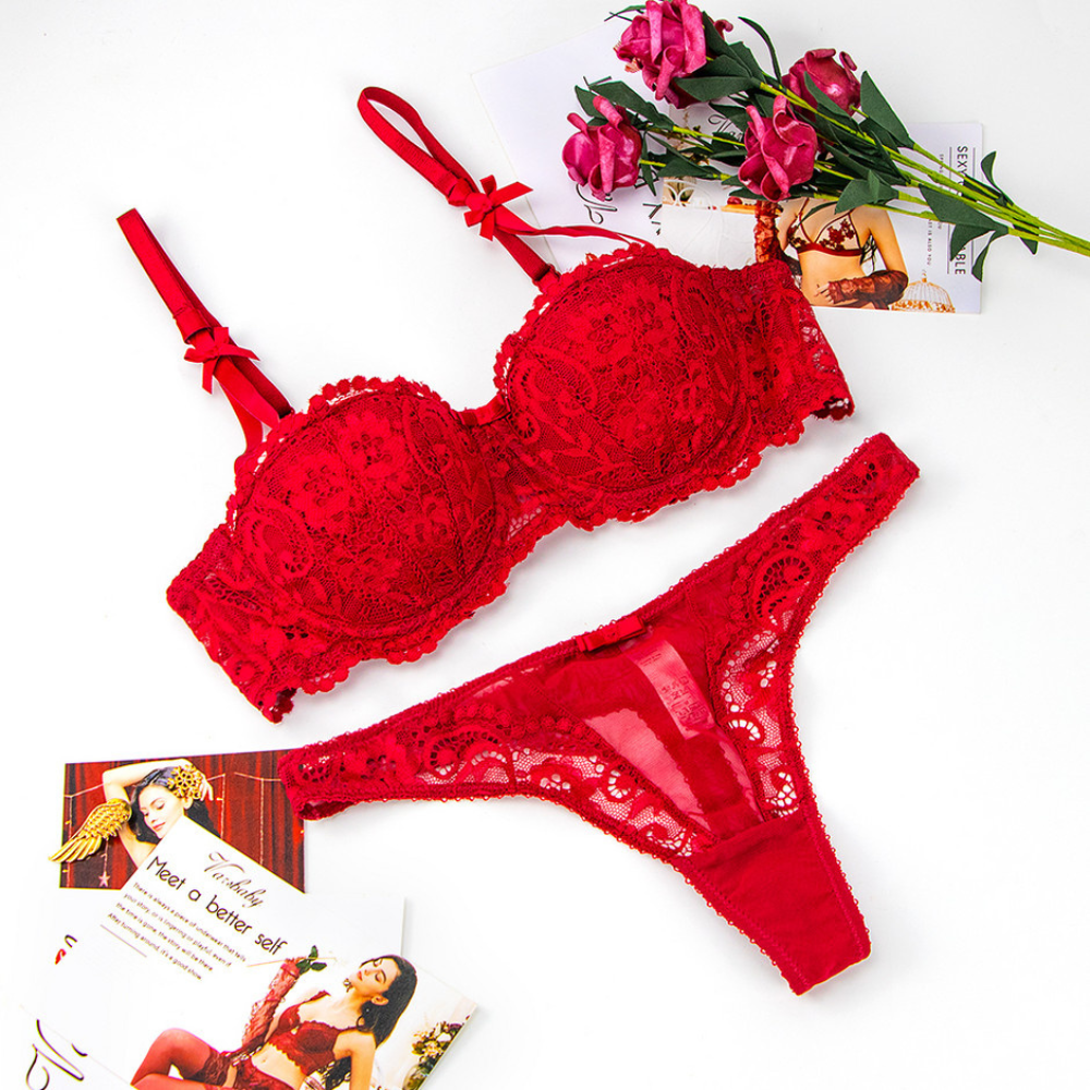 FLORE Σετ σχήμα κοχύλι μπαλκονέτ σουτιέν με επένδυση & φλοράλ δαντέλα, διπλή τιράντα με φιογκάκι & διάφανο στρινγκ με μεγάλο φιόγκο