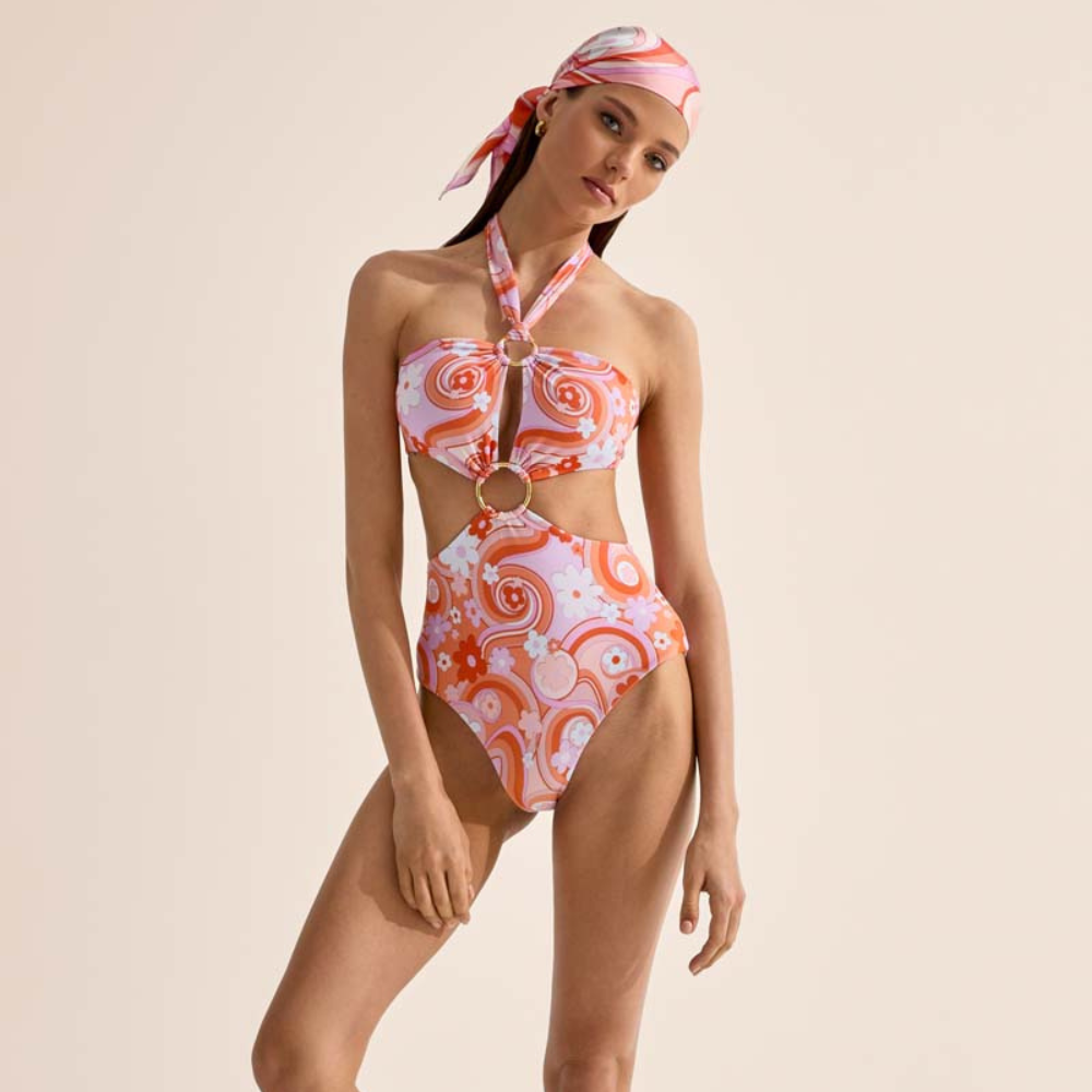 VINTAGE SWIRL Ολόσωμο ρετρό στυλ μαγιό με ανοίγματα και χρυσές λεπτομέρειες