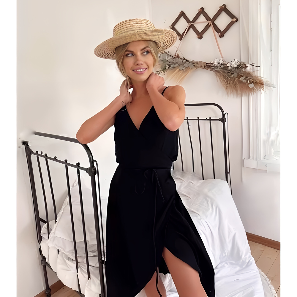 HARMONY Βαμβακερό  Μιντί Κρουαζέ φόρεμα με ρυθμιζόμενες τιράντες που δένει στη μέση