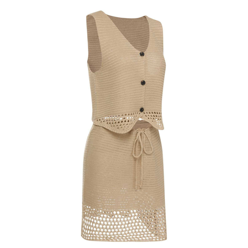 ORTA Κομψό Πλεκτό Σετ, Φούστα και Τοπ στυλ Γιλέκο με κουμπιά