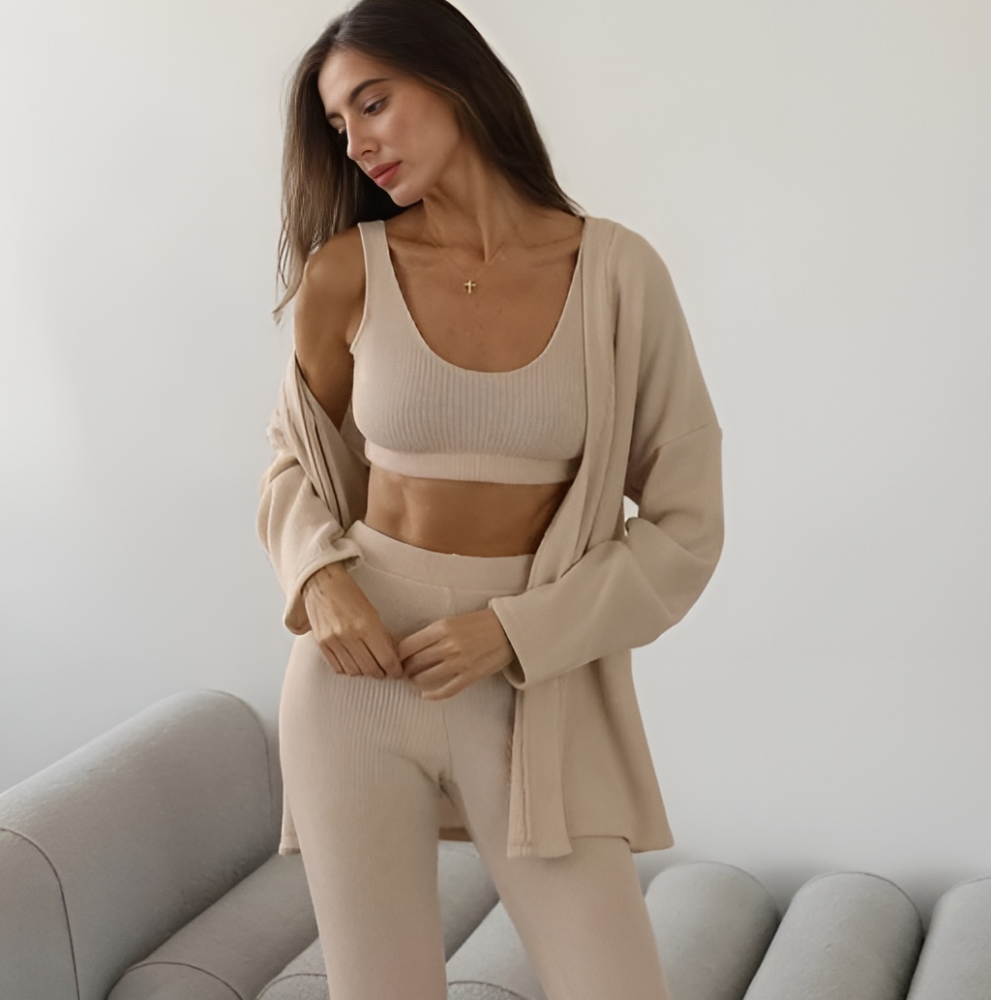 ANDRENO Σετ 3 τμχ πικέ πιτζάμες με παντελόνι, μπραλέτ & κρουαζέ ζακέτα