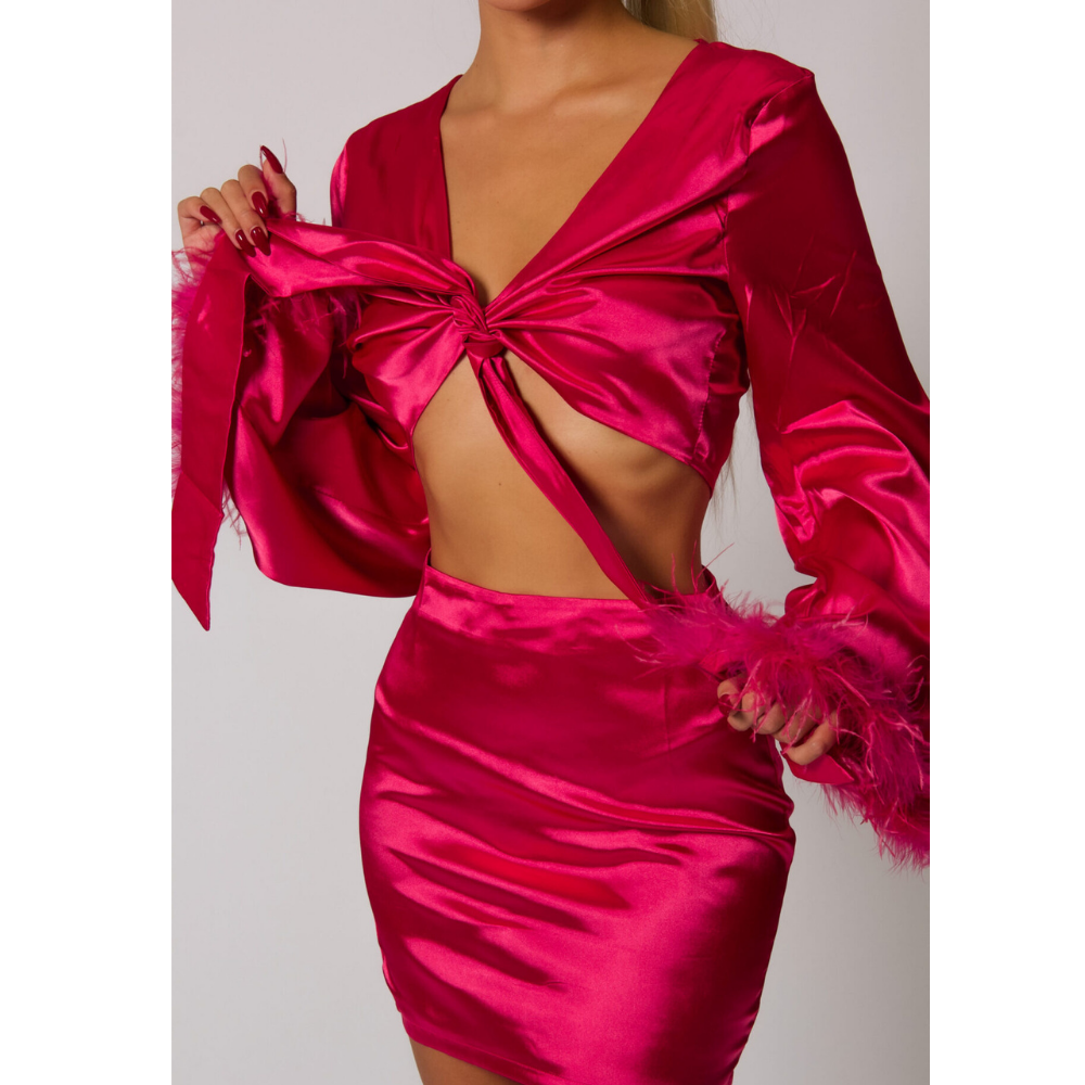 MELANY Σατέν σετ loungewear 2 τμχ με μίνι εφαρμοστή φούστα & δετό μπουστάκι με πούπουλα στα μανίκια