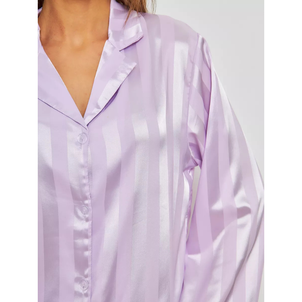 EMERY Σατέν υφής loungewear σετ με λιλά ριγέ σατενιζέ μοτίβο με oversized πουκαμίσα & παντελόνα