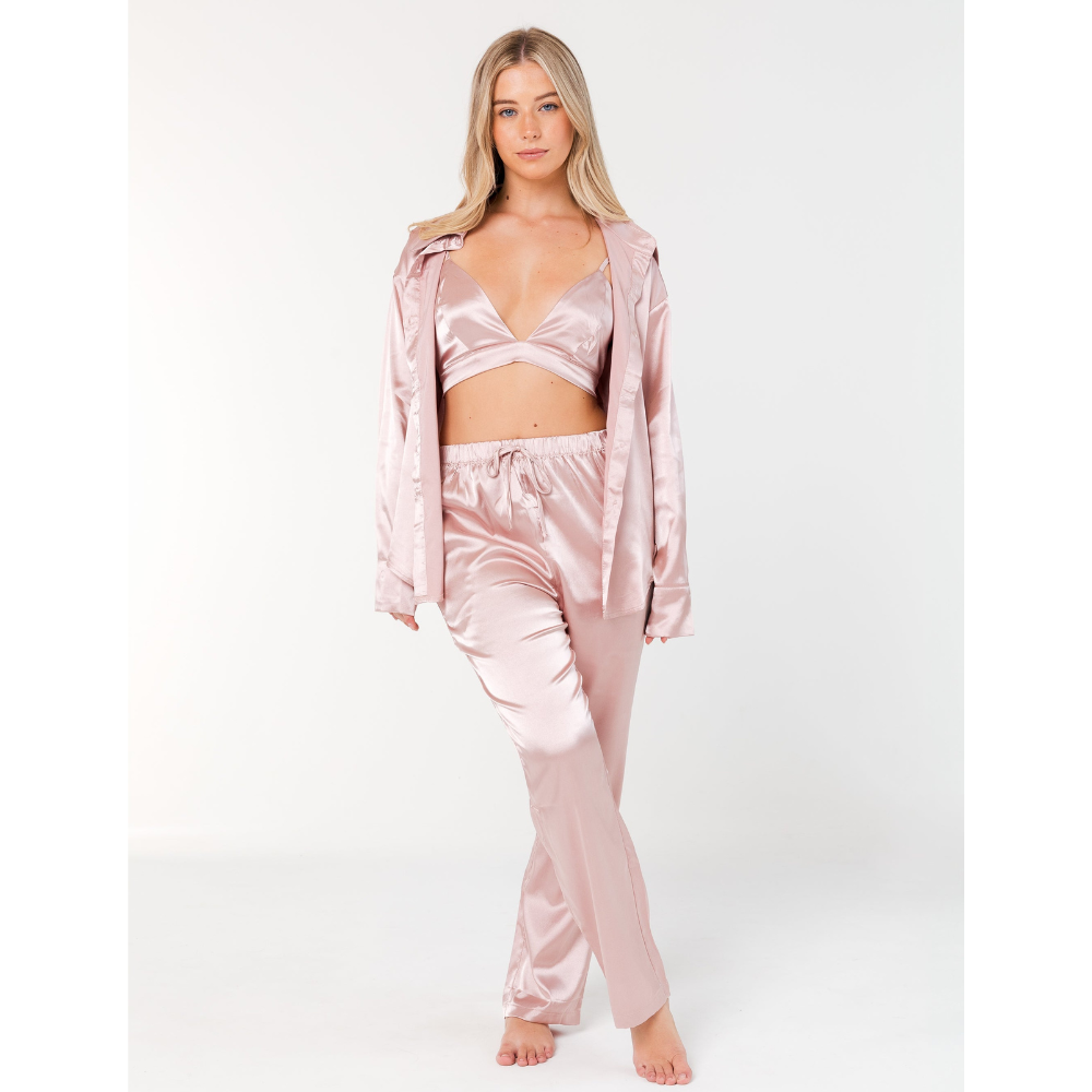 INDIE Σετ πιτζάμες 3 τμχ σατέν υφής με φαρδύ πουκάμισο, τριγωνάκι μπραλέτ & παντελόνα