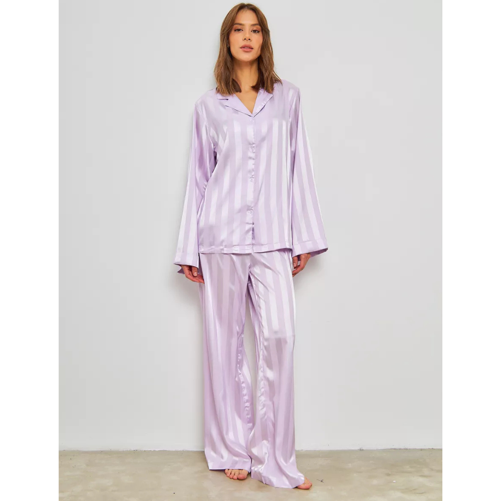 EMERY Σατέν υφής loungewear σετ με λιλά ριγέ σατενιζέ μοτίβο με oversized πουκαμίσα & παντελόνα
