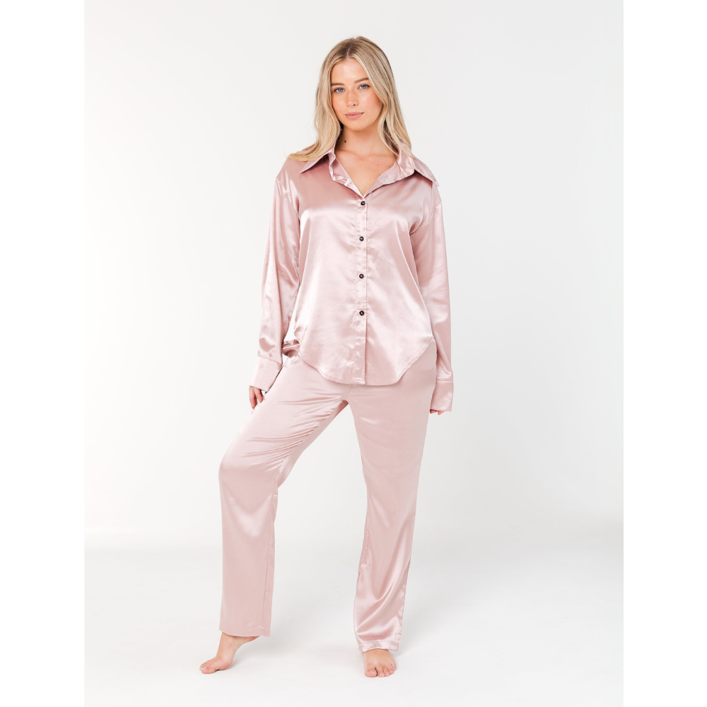 INDIE Σετ πιτζάμες 3 τμχ σατέν υφής με φαρδύ πουκάμισο, τριγωνάκι μπραλέτ & παντελόνα