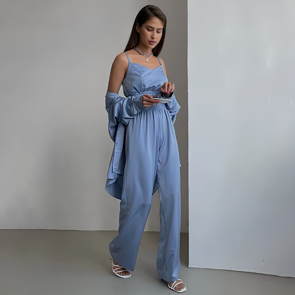 AMANI Σατέν σετ πιτζάμας 3 τεμαχίων με μπουστάκι, μακρυμάνικη πουκαμίσα & ασορτί παντελόνα