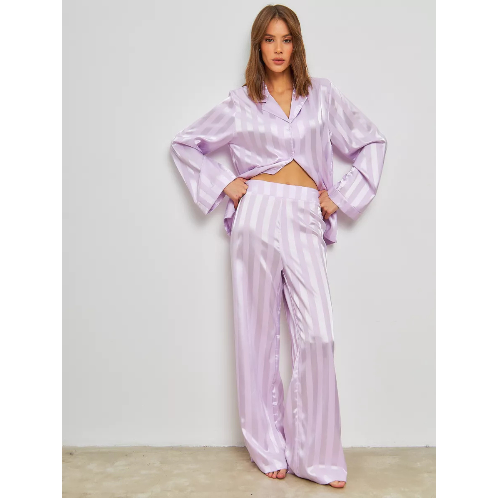 EMERY Σατέν υφής loungewear σετ με λιλά ριγέ σατενιζέ μοτίβο με oversized πουκαμίσα & παντελόνα