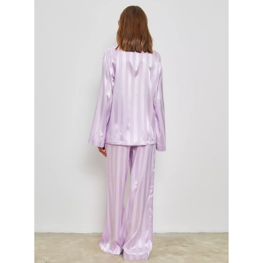 EMERY Σατέν υφής loungewear σετ με λιλά ριγέ σατενιζέ μοτίβο με oversized πουκαμίσα & παντελόνα