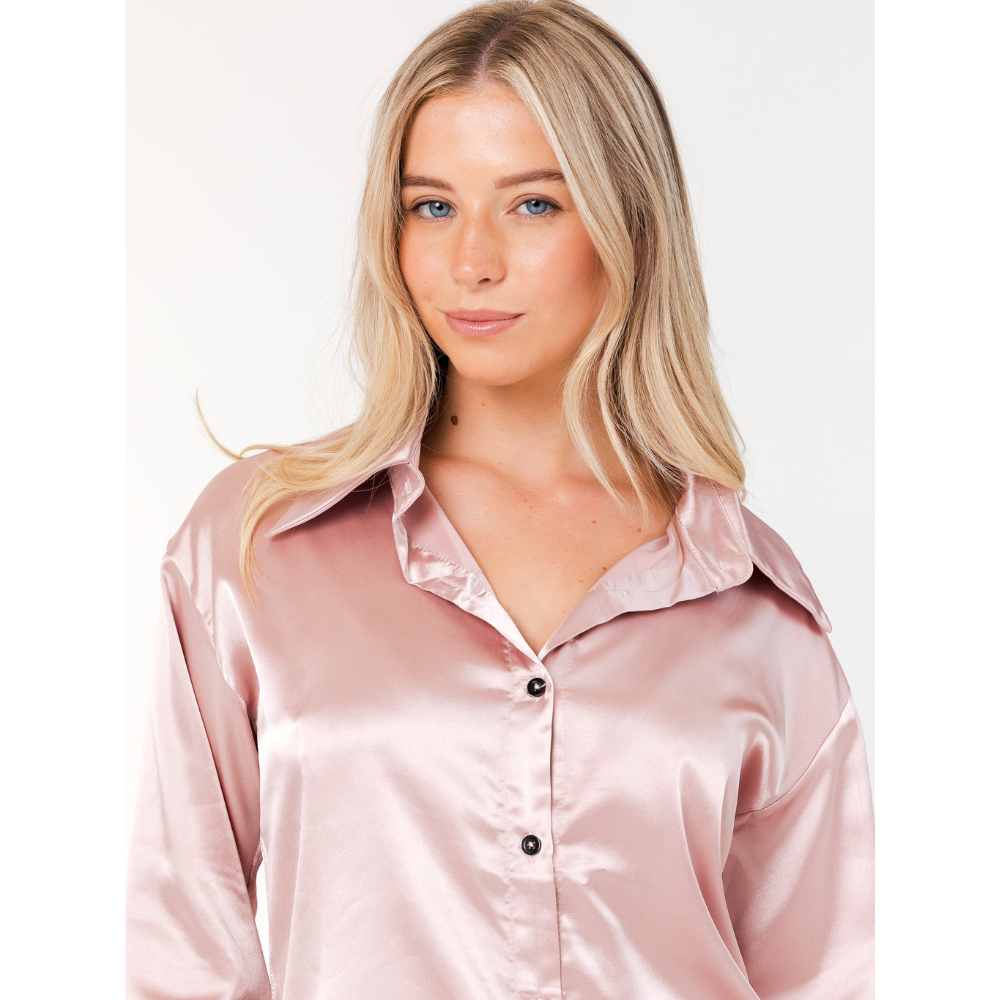 INDIE Σετ πιτζάμες 3 τμχ σατέν υφής με φαρδύ πουκάμισο, τριγωνάκι μπραλέτ & παντελόνα