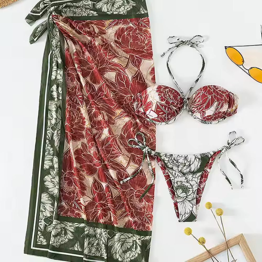 SAVANNA Μαγιό 3 τεμαχίων με μπανέλα, τύπωμα τροπικών φύλλων και παρεό με δέσιμο στο πλάι