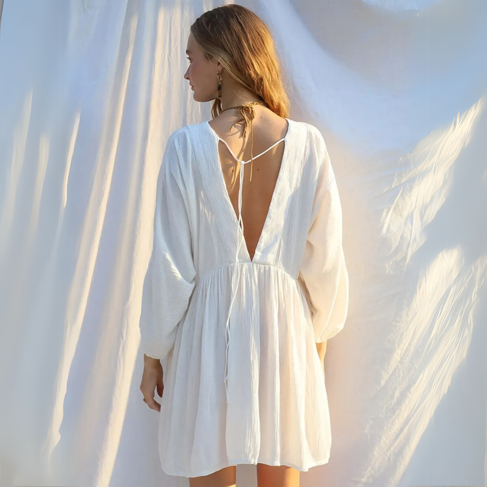 SALT WHISPER Λευκό φόρεμα θαλάσσης με πτυχώσεις και φουσκωτά μανίκια