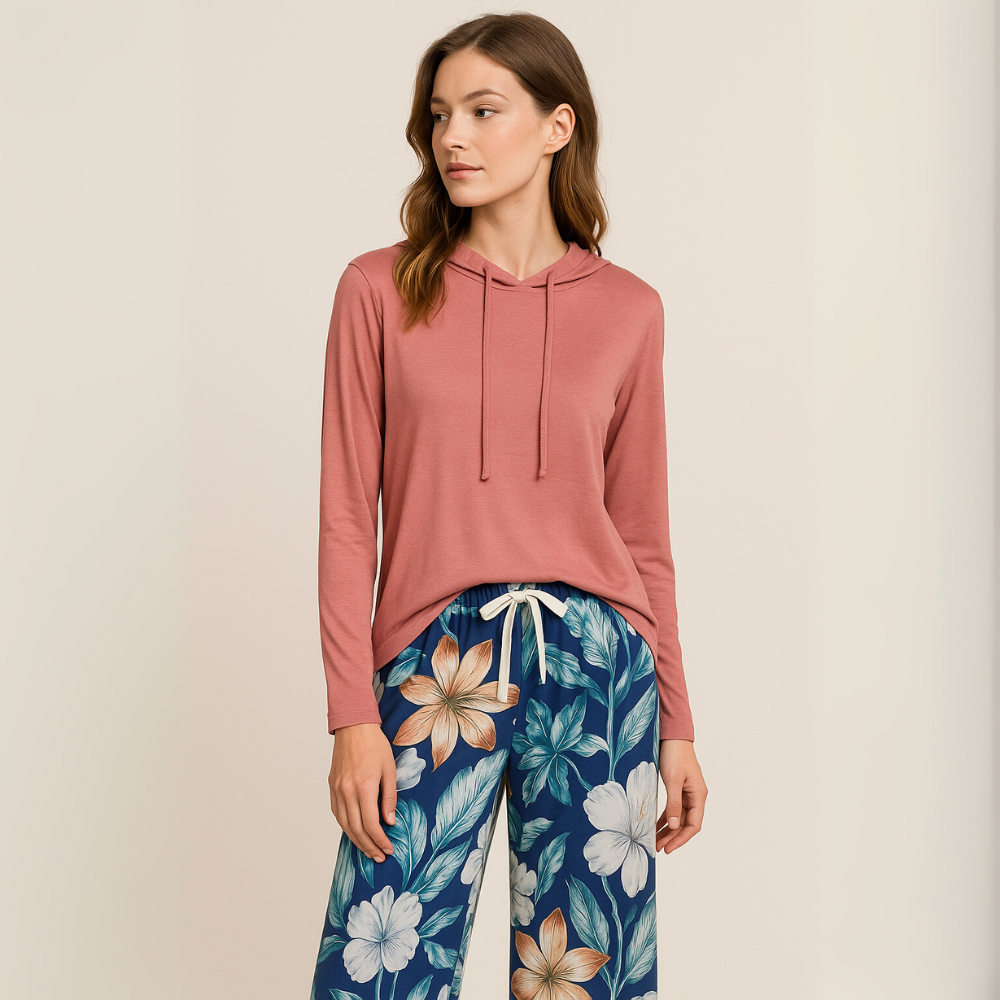 LILIA Σετ Πιτζάμας φαρδιάς γραμμής με Κουκούλα & Λουλουδάτο Παντελόνι