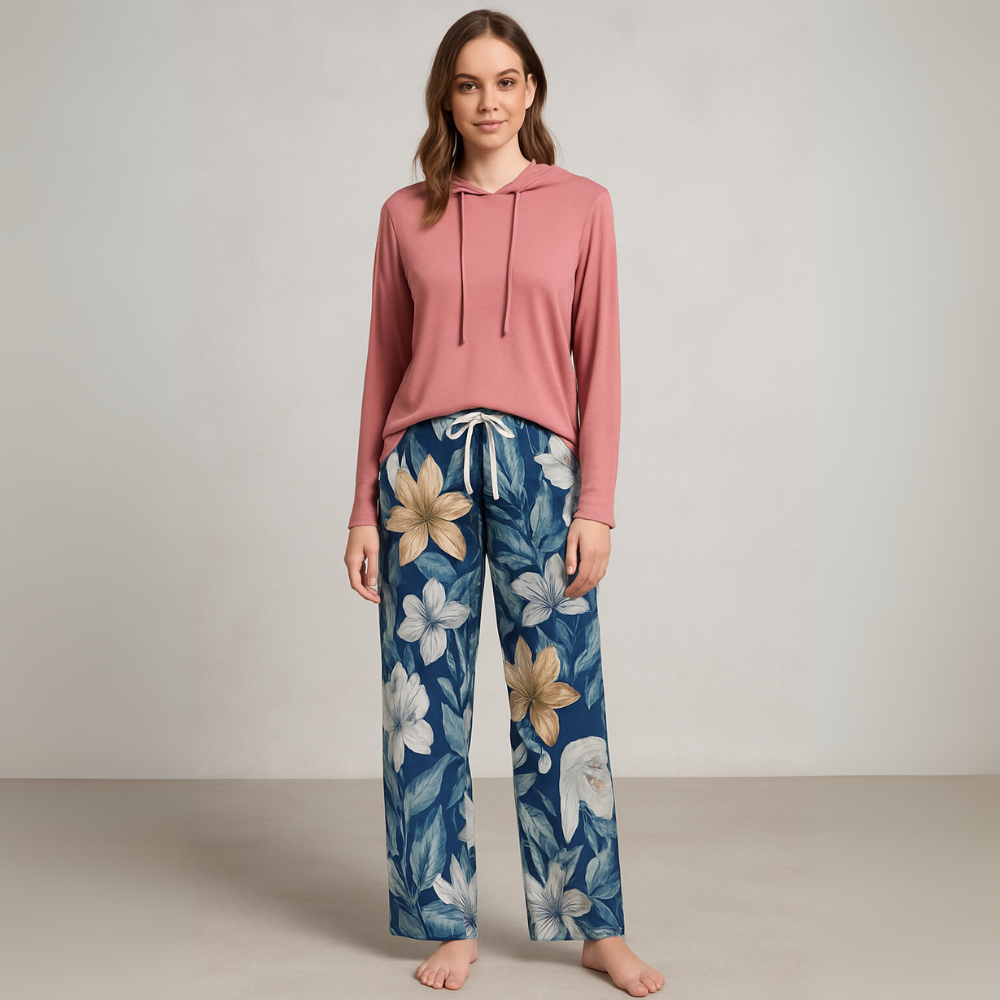 LILIA Σετ Πιτζάμας φαρδιάς γραμμής με Κουκούλα & Λουλουδάτο Παντελόνι