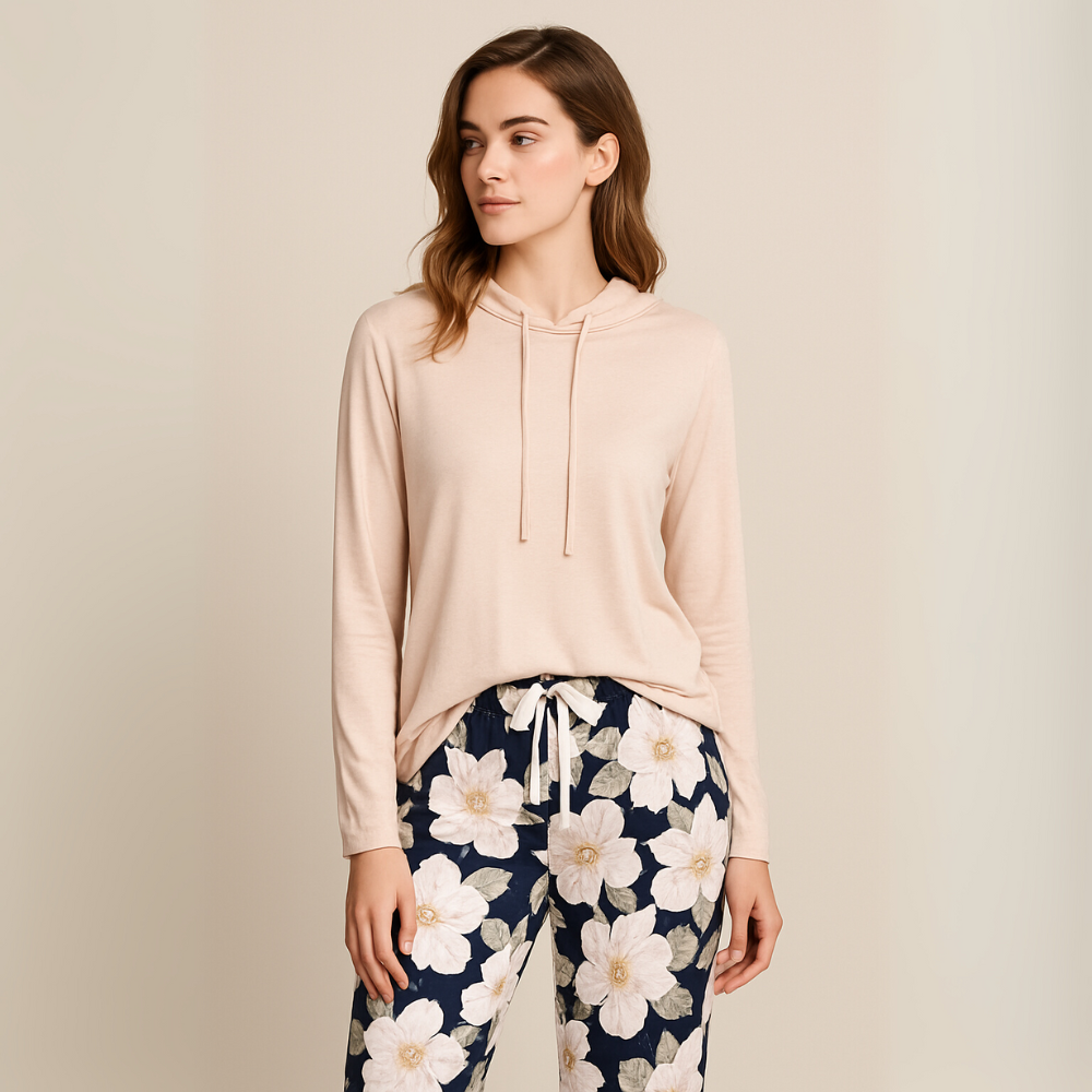 LILIA Σετ Πιτζάμας φαρδιάς γραμμής με Κουκούλα & Λουλουδάτο Παντελόνι