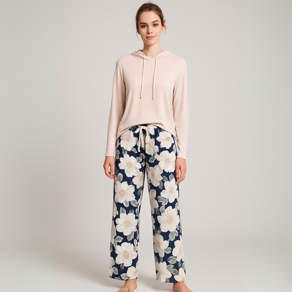 LILIA Σετ Πιτζάμας φαρδιάς γραμμής με Κουκούλα & Λουλουδάτο Παντελόνι