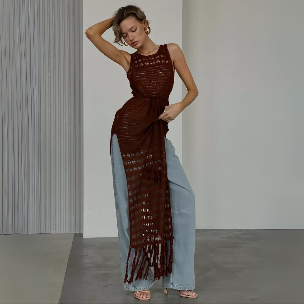 NOBORA Boho Κροσε Φόρεμα με ανοίγματα στα πλαϊνά