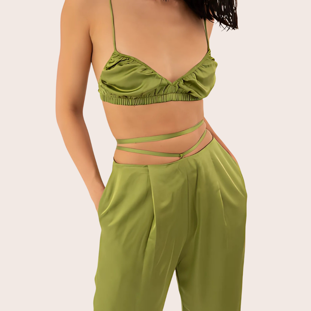 CORALINE Σατέν υφής loungewear σετ 3 τμχ με παντελόνα με δέσιμο στη μέση, μπραλέτ και πουκαμίσα