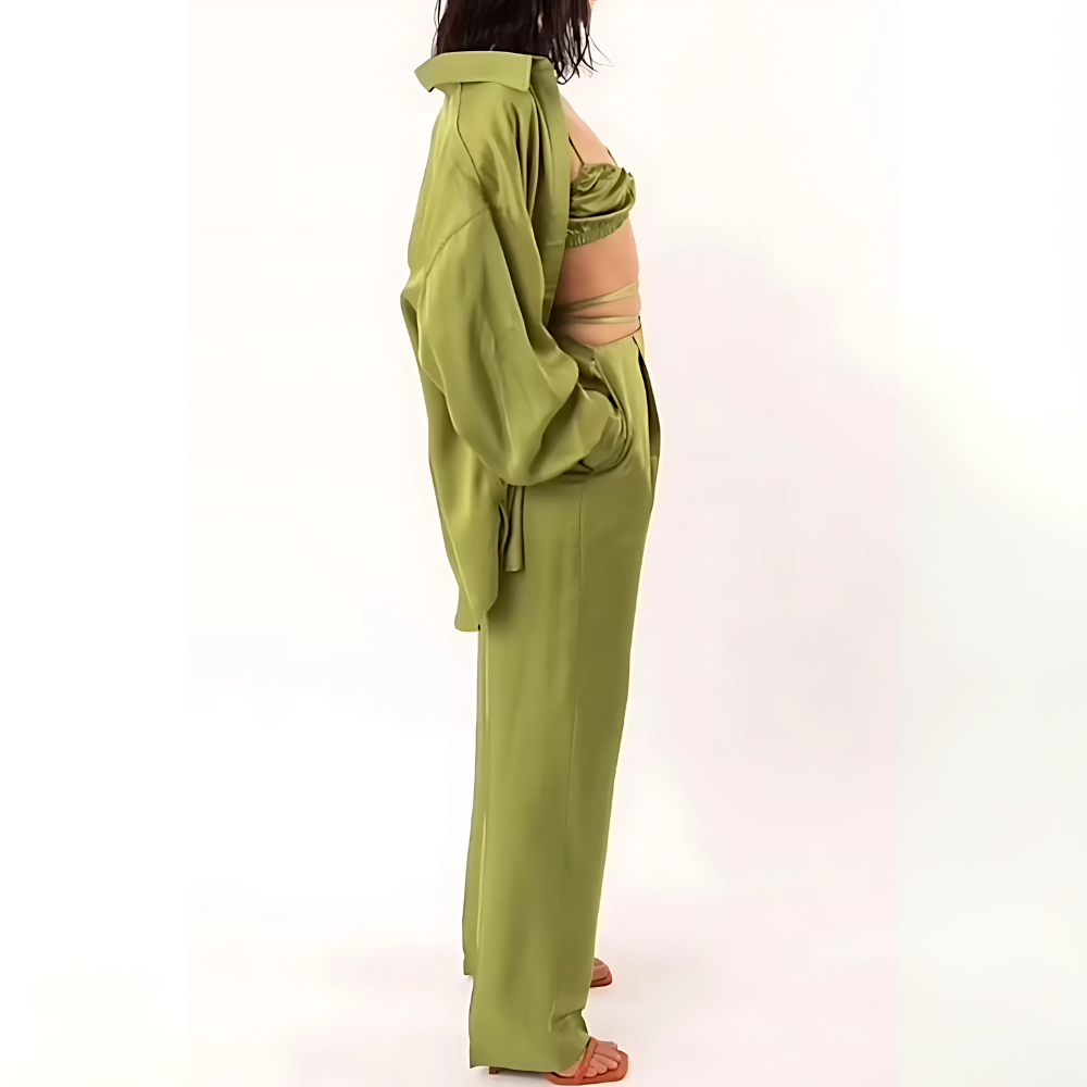 CORALINE Σατέν υφής loungewear σετ 3 τμχ με παντελόνα με δέσιμο στη μέση, μπραλέτ και πουκαμίσα