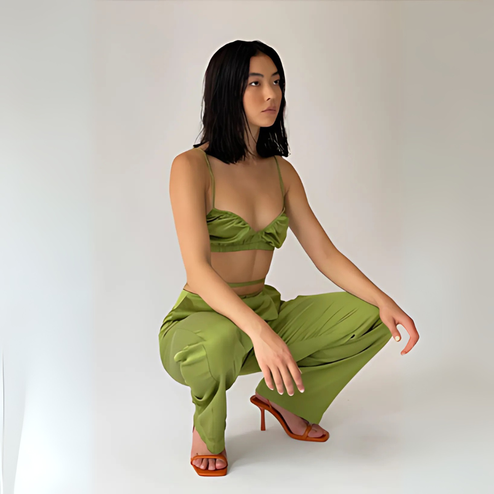 CORALINE Σατέν υφής loungewear σετ 3 τμχ με παντελόνα με δέσιμο στη μέση, μπραλέτ και πουκαμίσα