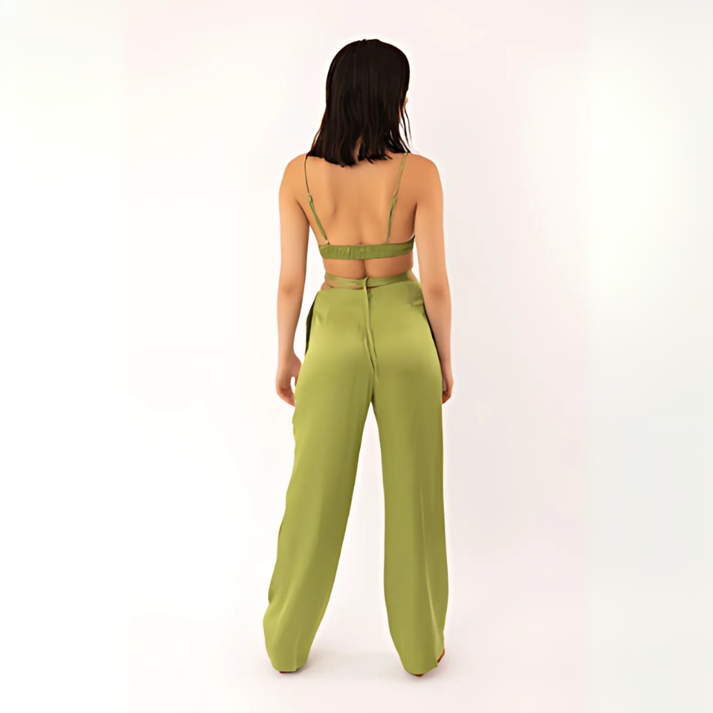 CORALINE Σατέν υφής loungewear σετ 3 τμχ με παντελόνα με δέσιμο στη μέση, μπραλέτ και πουκαμίσα